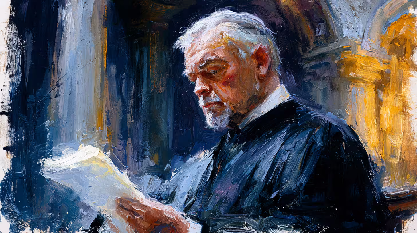pensive elderly man reading letter in warm lamplit room