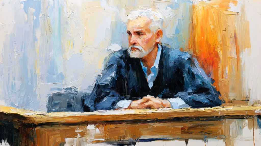 pensive gray haired man at desk in warm painted light