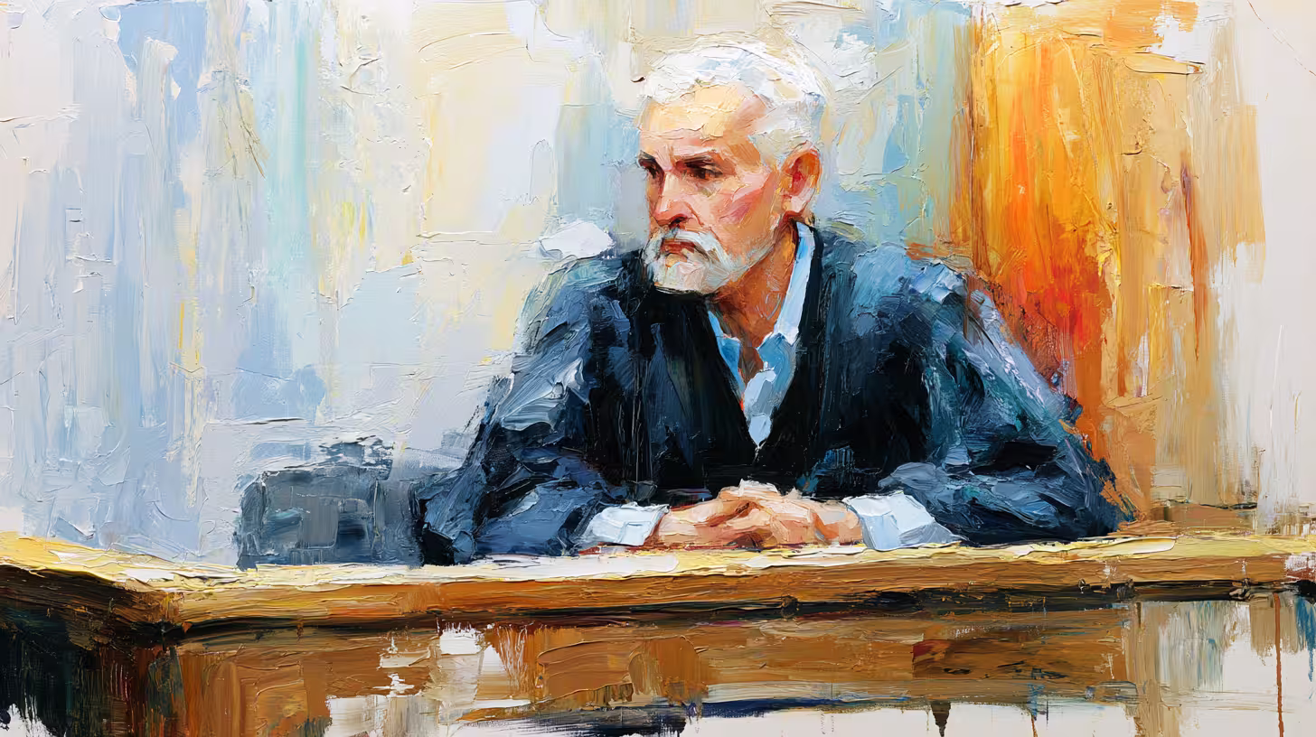pensive gray haired man at desk in warm painted light