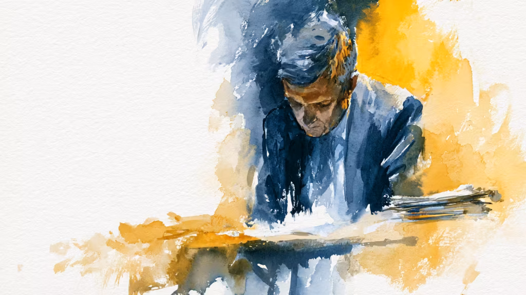 pensive man reading at desk in warm watercolor light