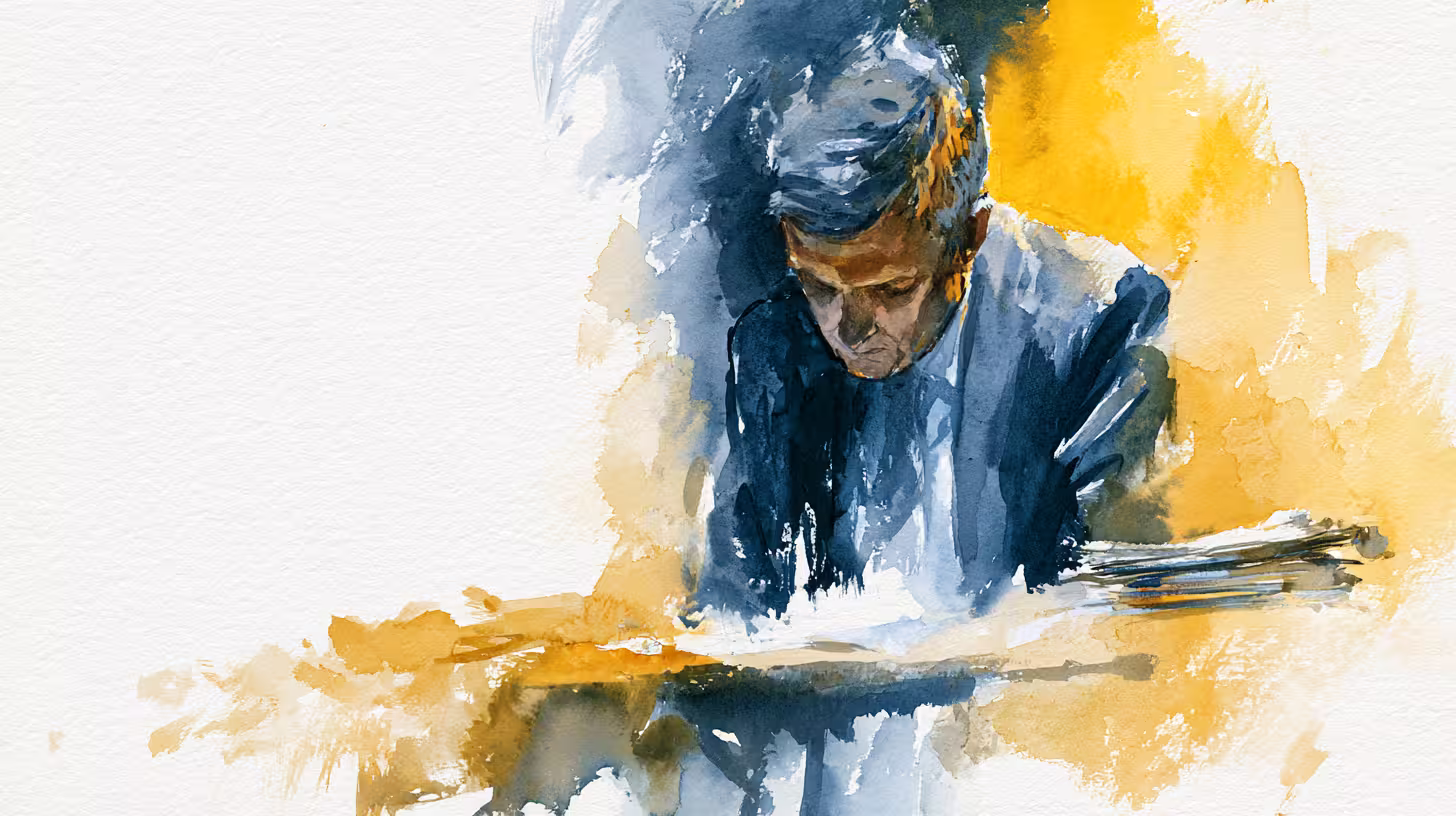 pensive man reading at desk in warm watercolor light