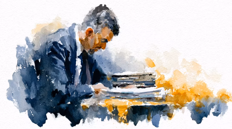 pensive man writing at desk in soft warm watercolor light