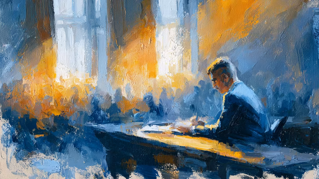 pensive man writing at desk in warm sunlit office