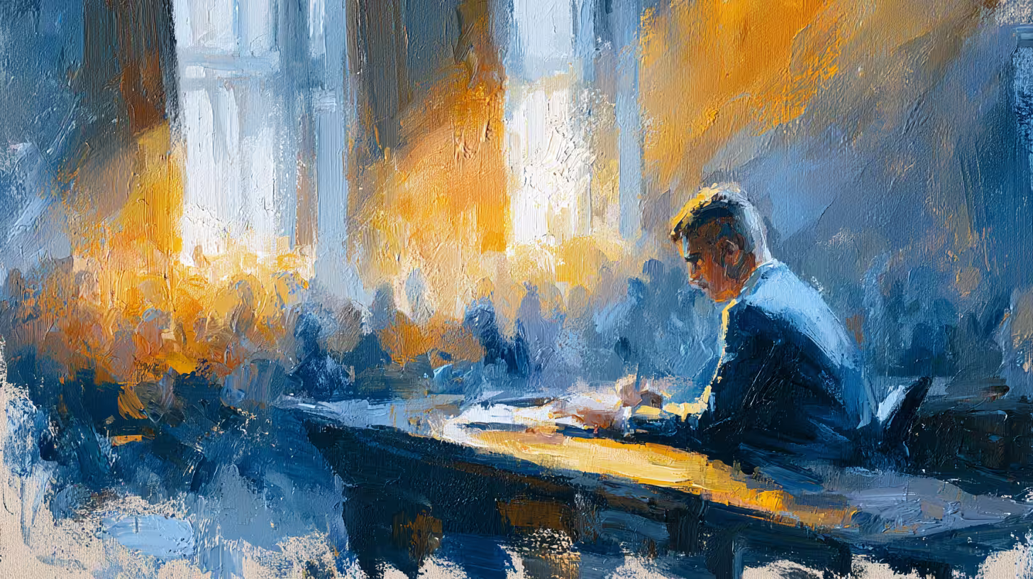 pensive man writing at desk in warm sunlit office