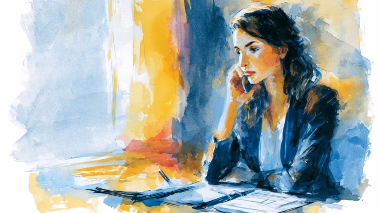 pensive woman on phone in sunlit office watercolor mood