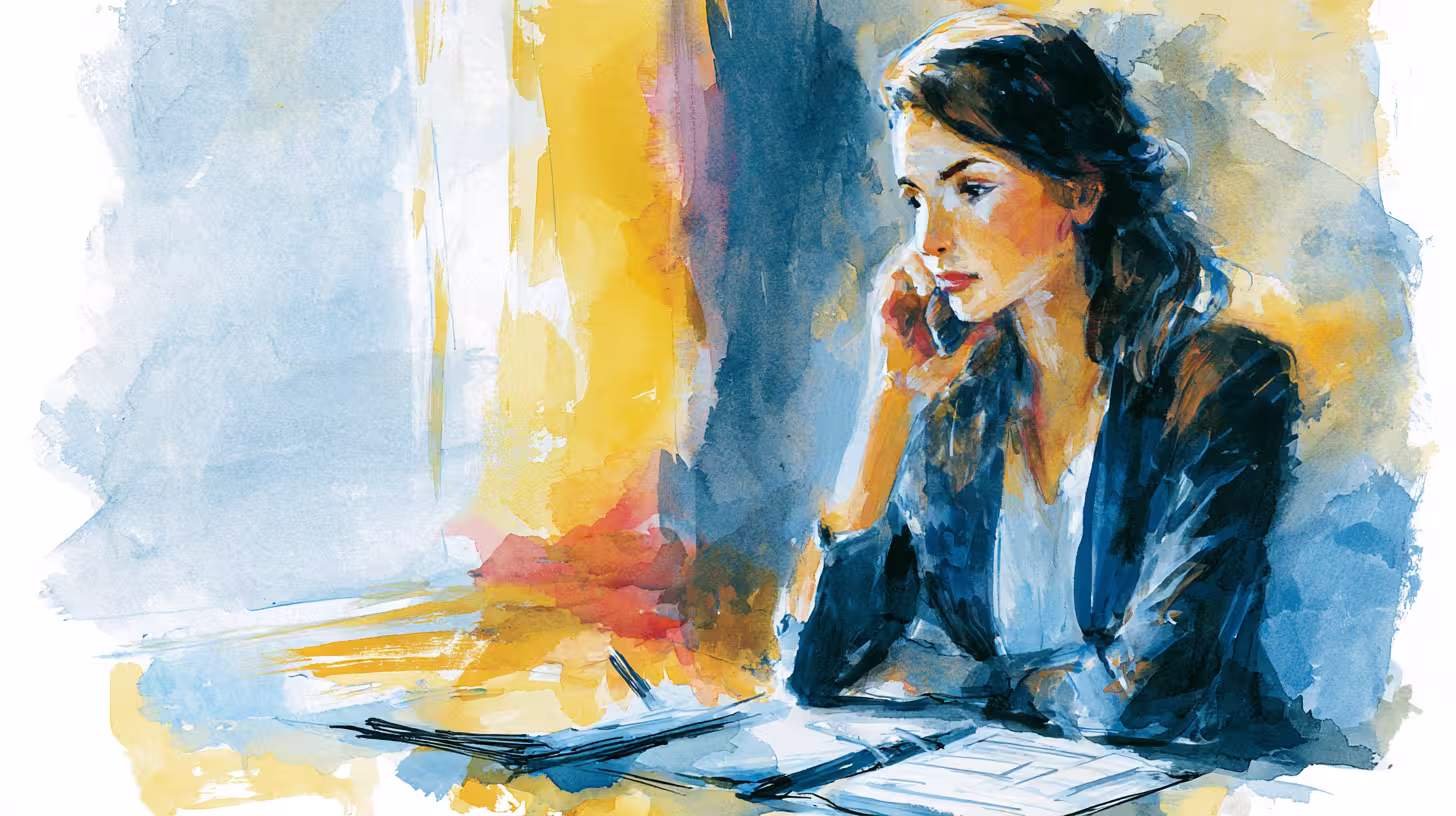 pensive woman on phone in sunlit office watercolor mood