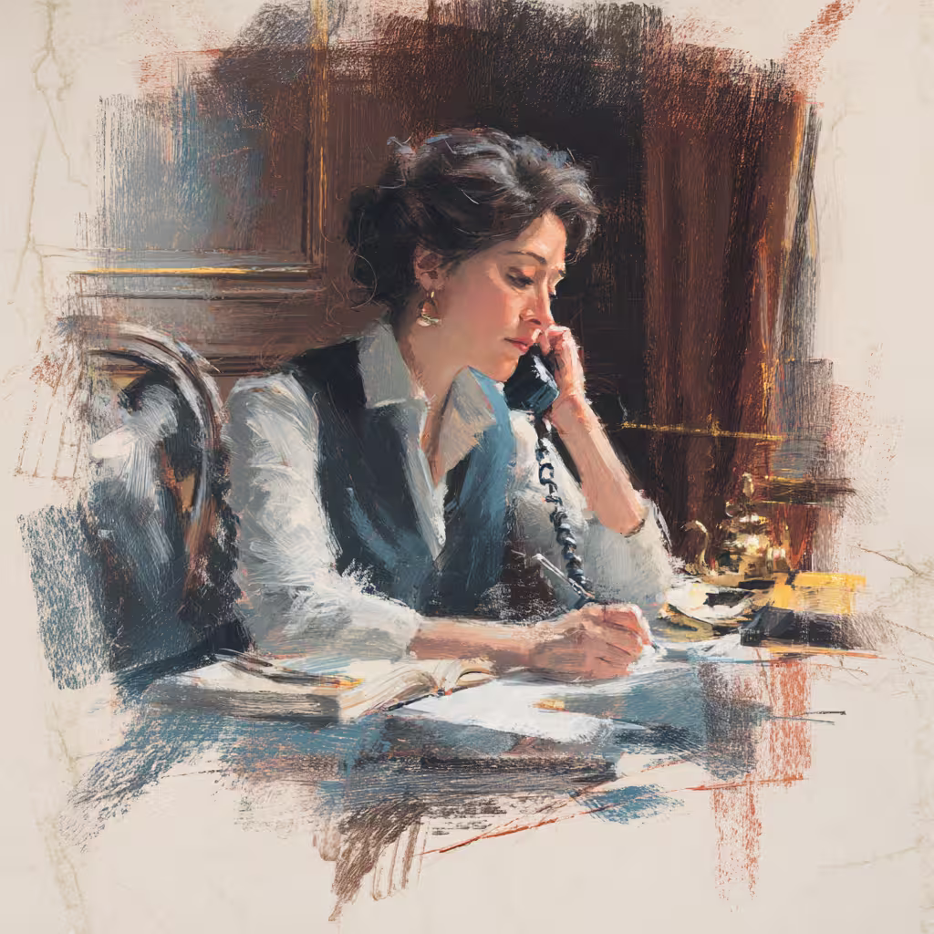 pensive woman on phone writing notes in warm office light