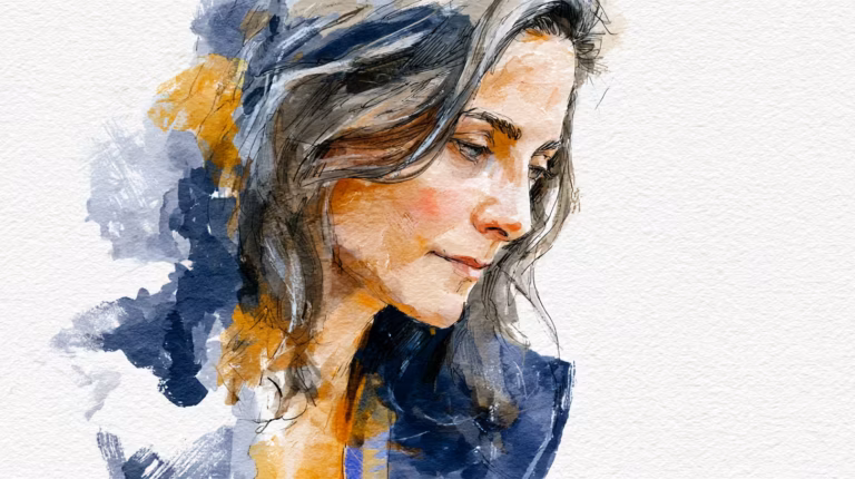 pensive woman portrait watercolor illustration soft light calm mood