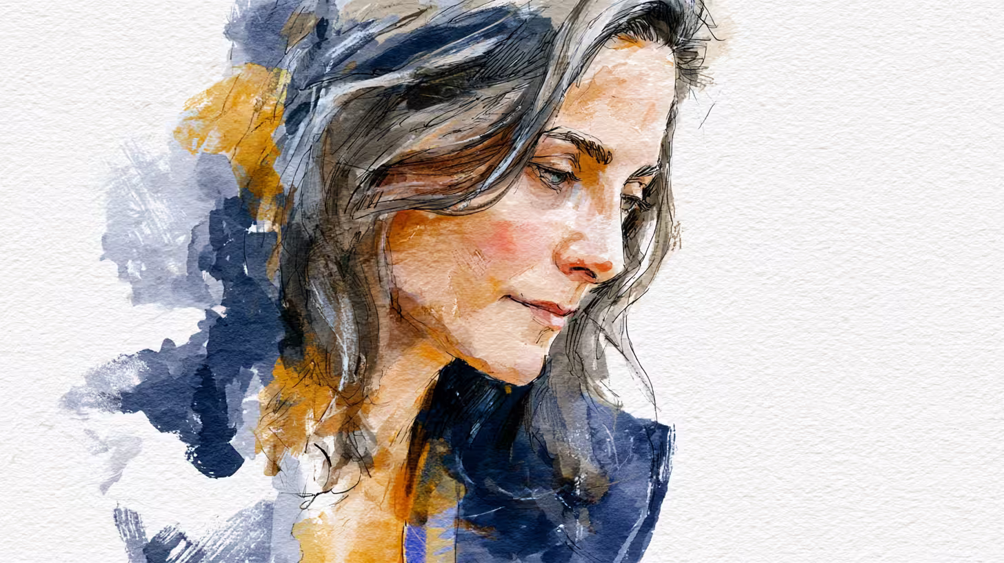 pensive woman portrait watercolor illustration soft light calm mood