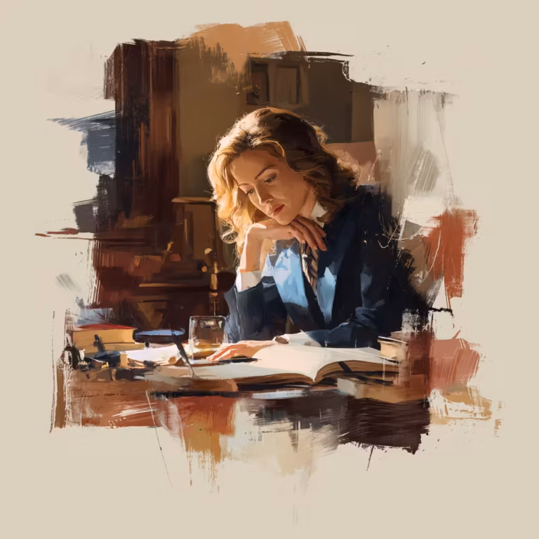 pensive woman studying at desk in warm evening light