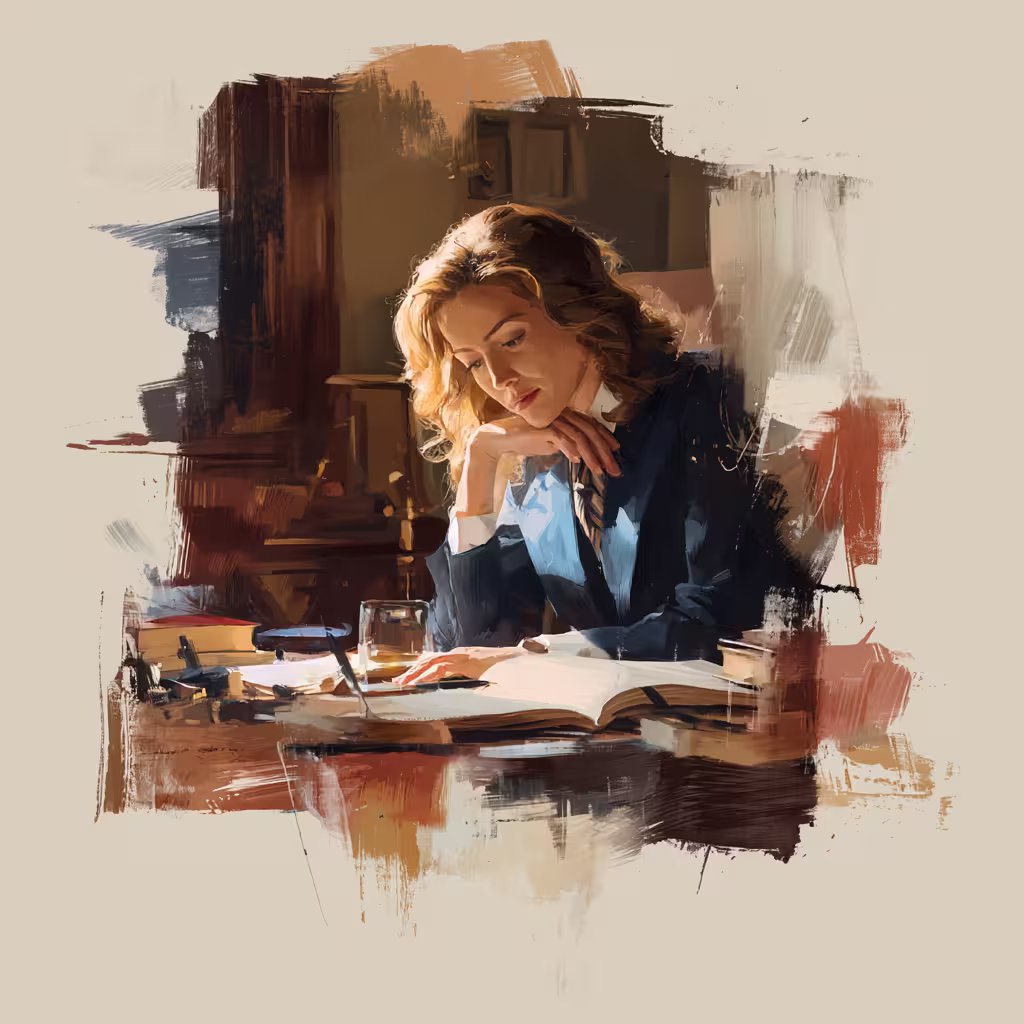 pensive woman studying at desk in warm evening light
