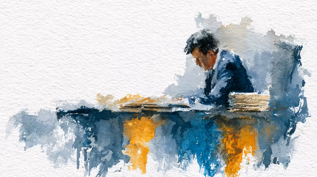solitary businessman working at desk in moody watercolor light