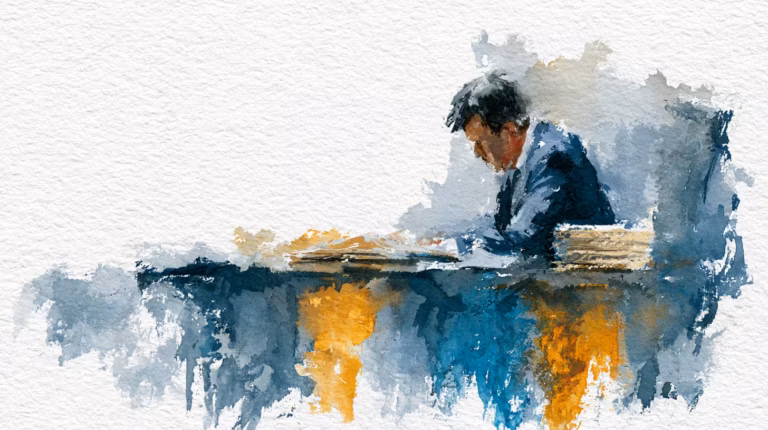 solitary businessman working at desk in moody watercolor light