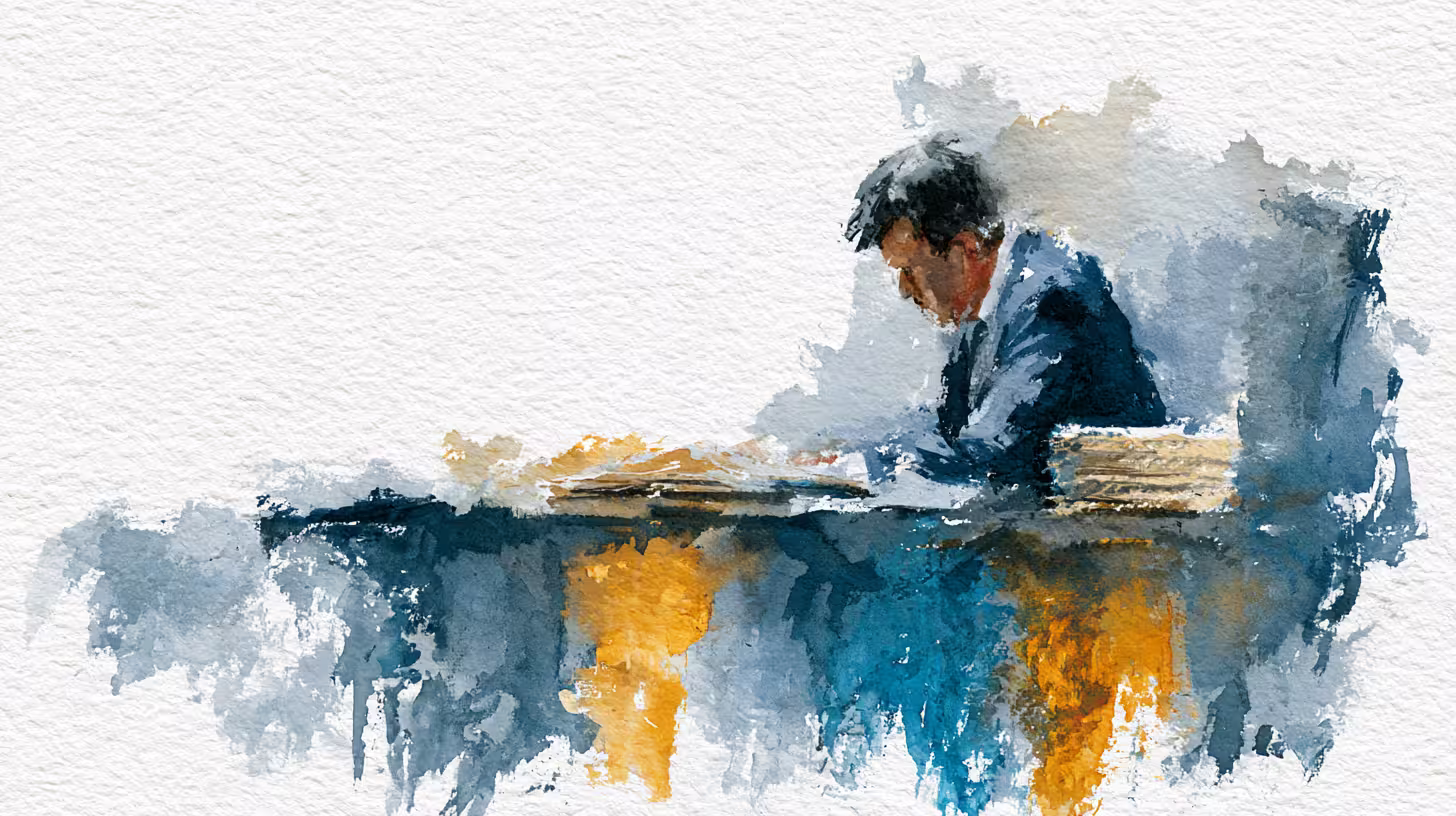 solitary businessman working at desk in moody watercolor light