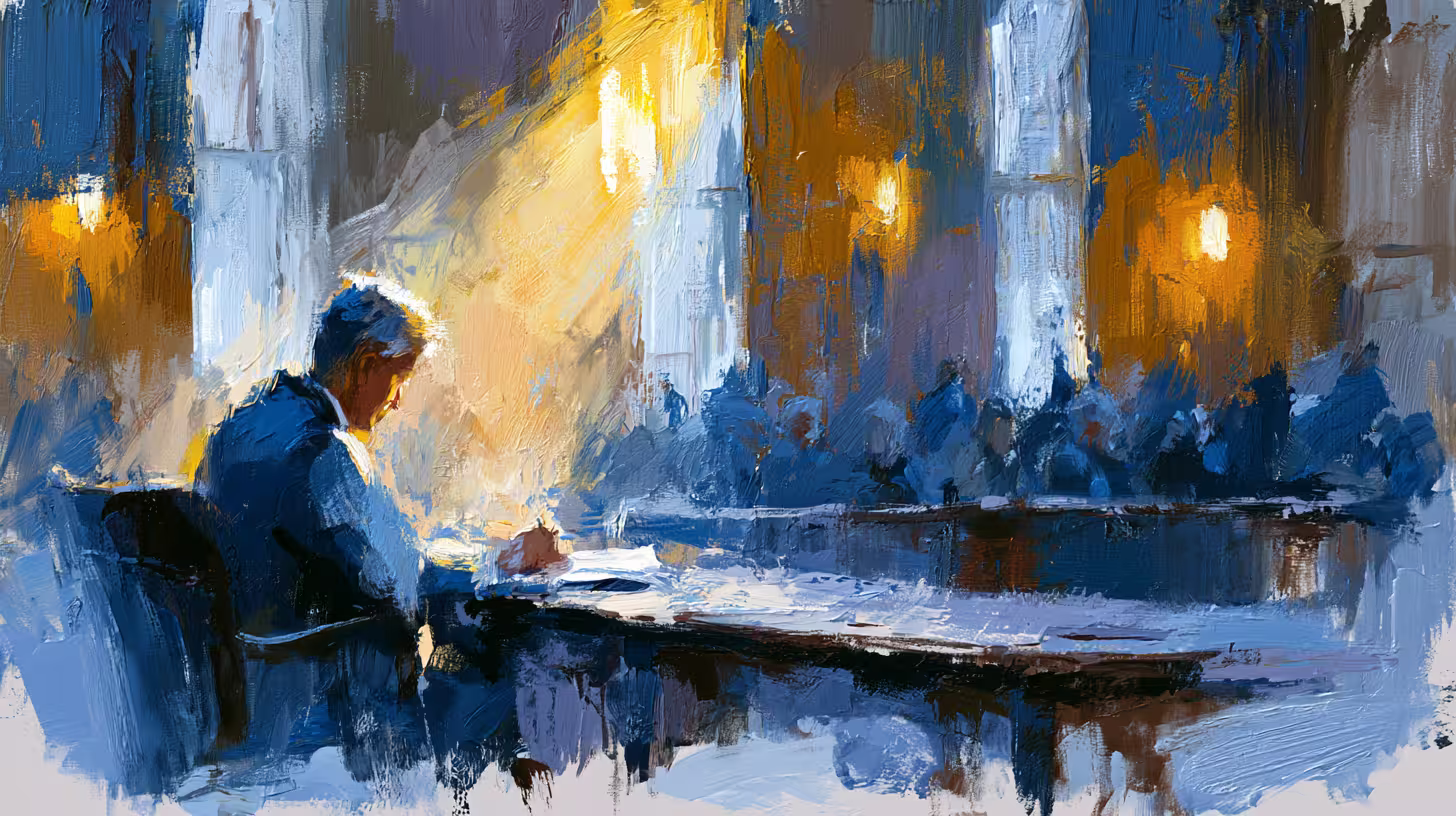 solitary writer at desk in warm lamplit room moodily