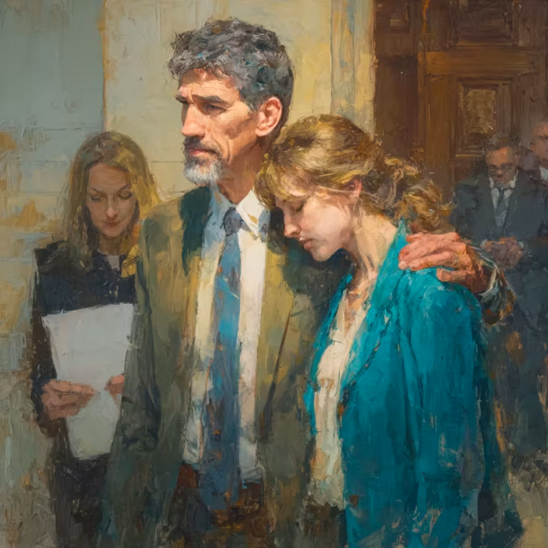 somber couple embracing in courthouse hallway warm light oilpainting