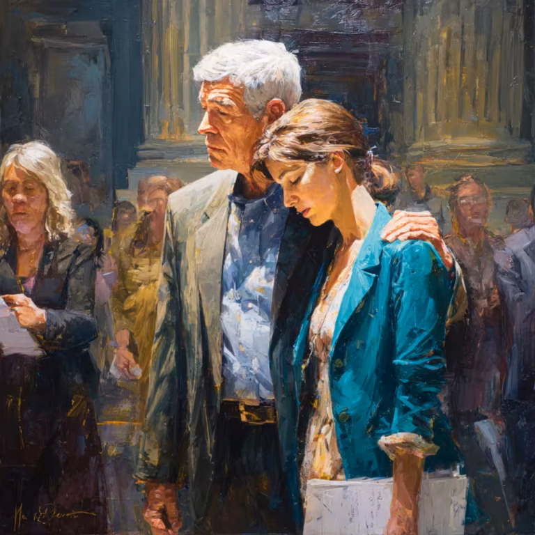 somber couple embracing in dim crowded hall oil painting