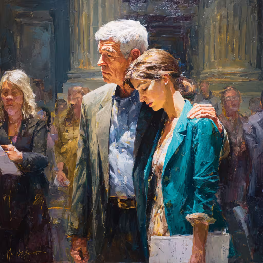 somber couple embracing in dim crowded hall oil painting