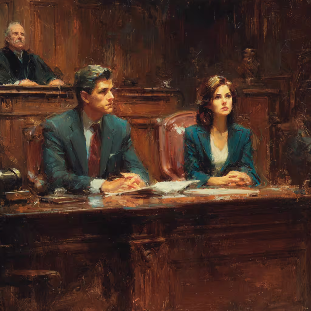 somber lawyers seated in wood paneled courtroom warm light