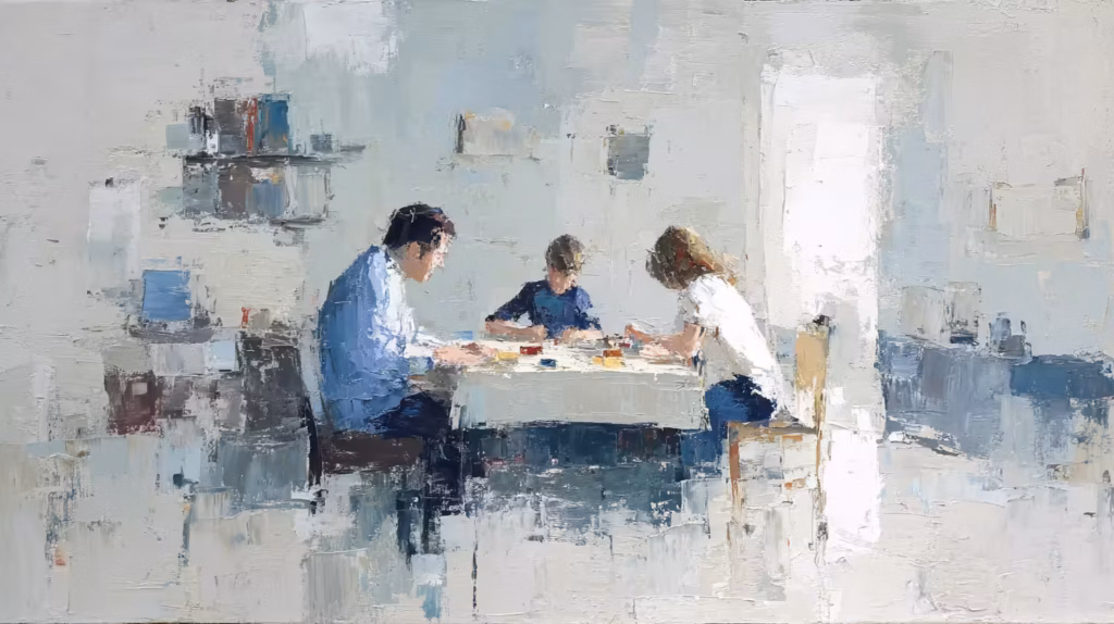 Property Division Appeals in Utah Divorce Cases 3 sunlit family at table in soft impressionist interior scene