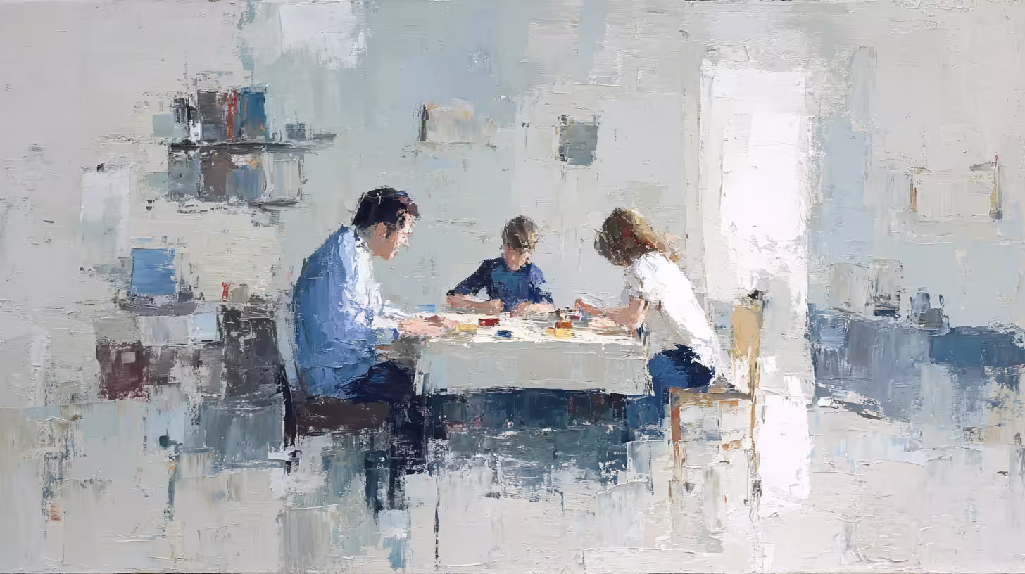 sunlit family at table in soft impressionist interior scene
