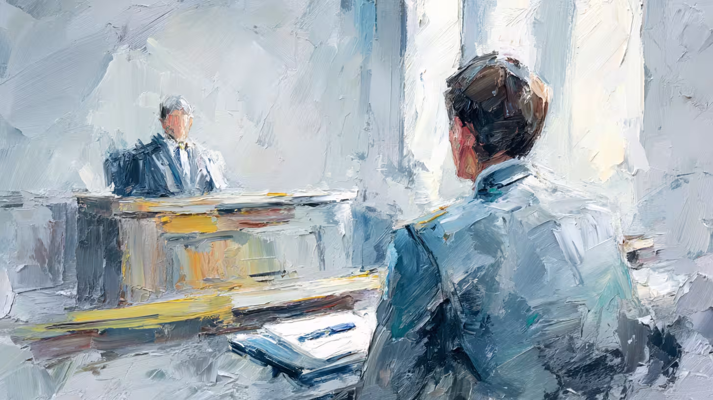 sunlit impressionist office meeting between two men calm mood