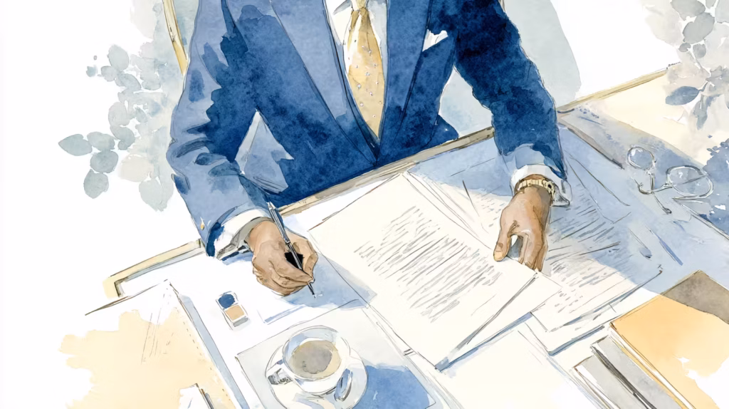 Attorney Fees on Appeal in Utah Family Law Cases 11 sunlit watercolor businessman signing documents at office desk calm professional
