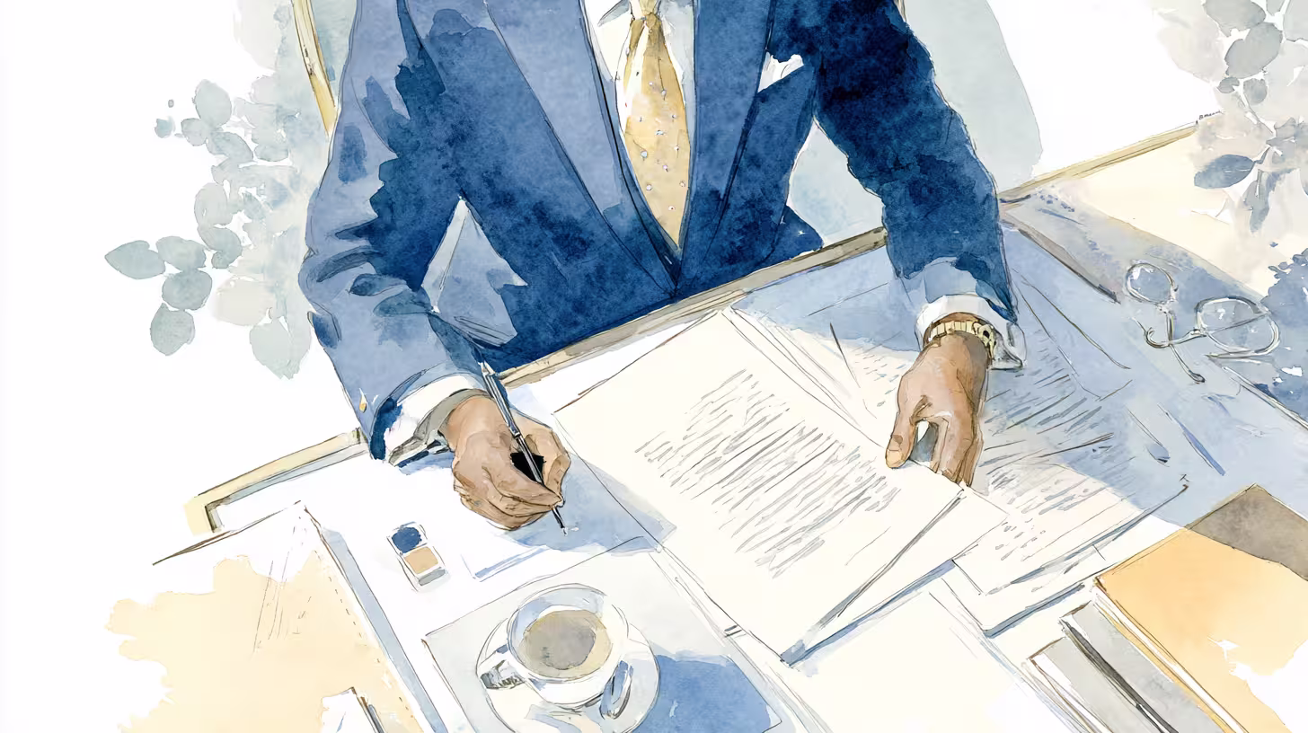 sunlit watercolor businessman signing documents at office desk calm professional