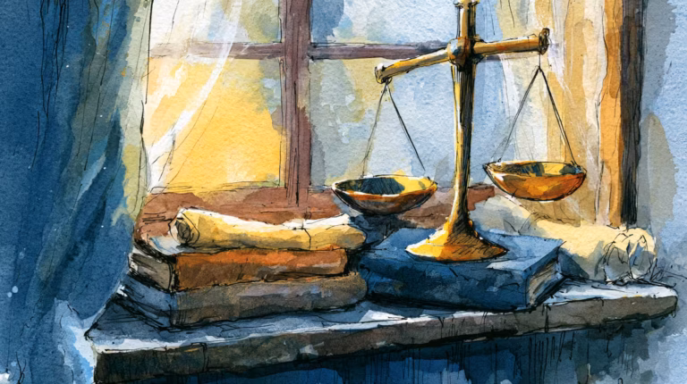 sunlit watercolor scales of justice on window sill stilllife