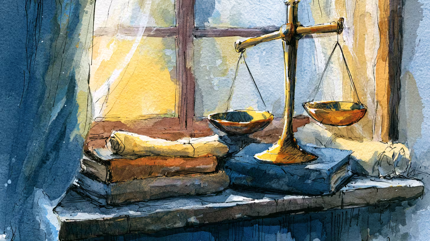 sunlit watercolor scales of justice on window sill stilllife