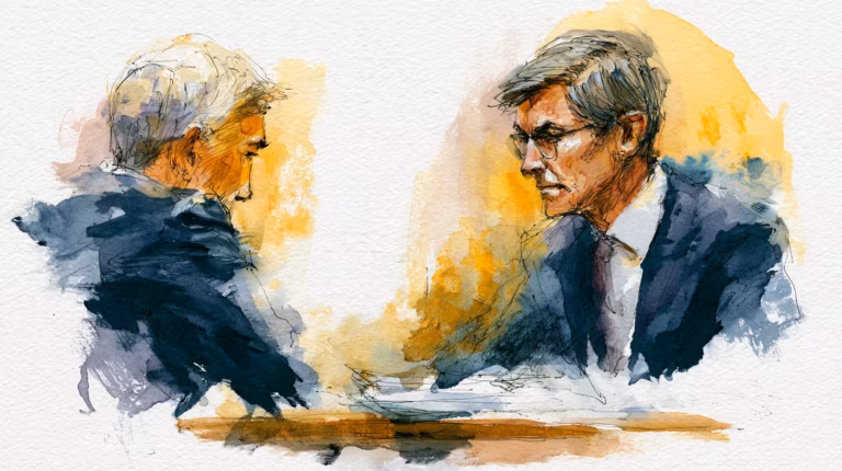 tense courtroom testimony between two lawyers in warm watercolor light