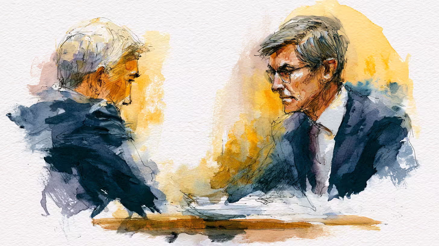 tense courtroom testimony between two lawyers in warm watercolor light