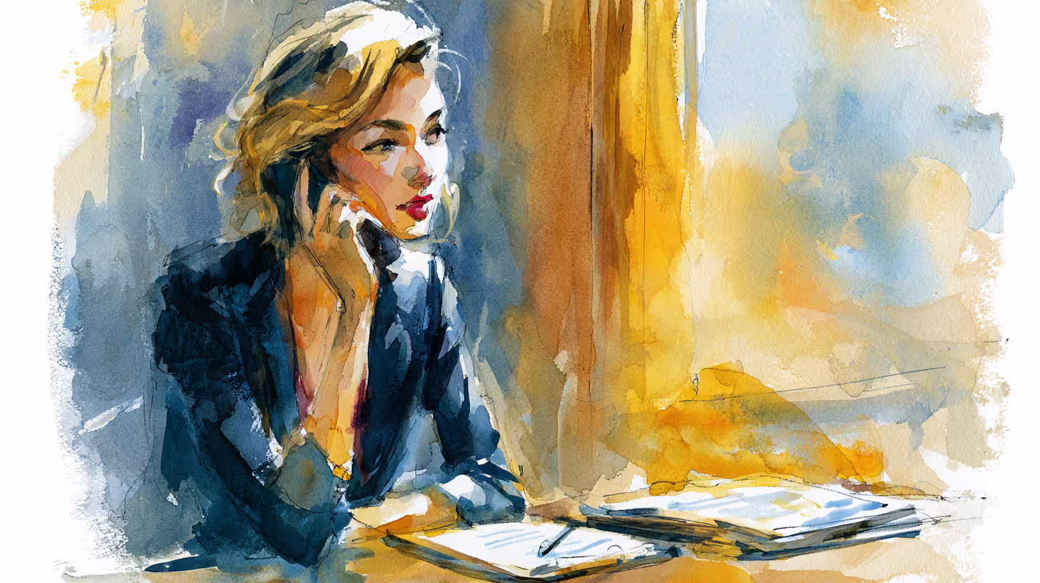 thoughtful woman on phone in sunlit office watercolor mood