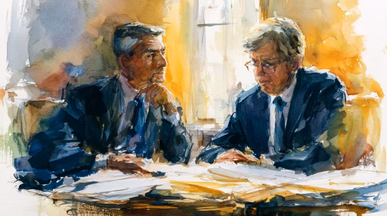two businessmen in suits discussing documents in warm sunlight watercolor