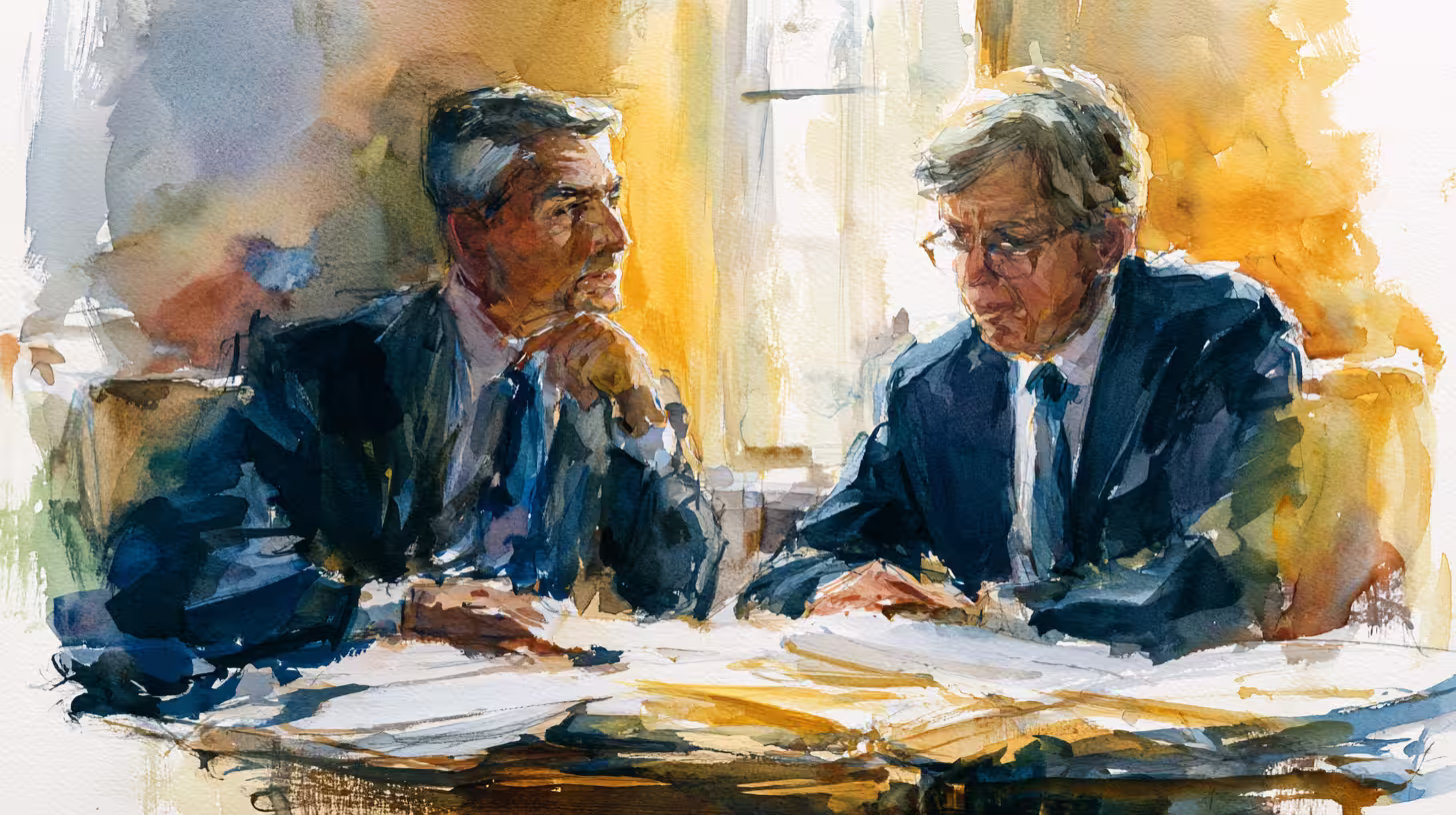 two businessmen in suits discussing documents in warm sunlight watercolor