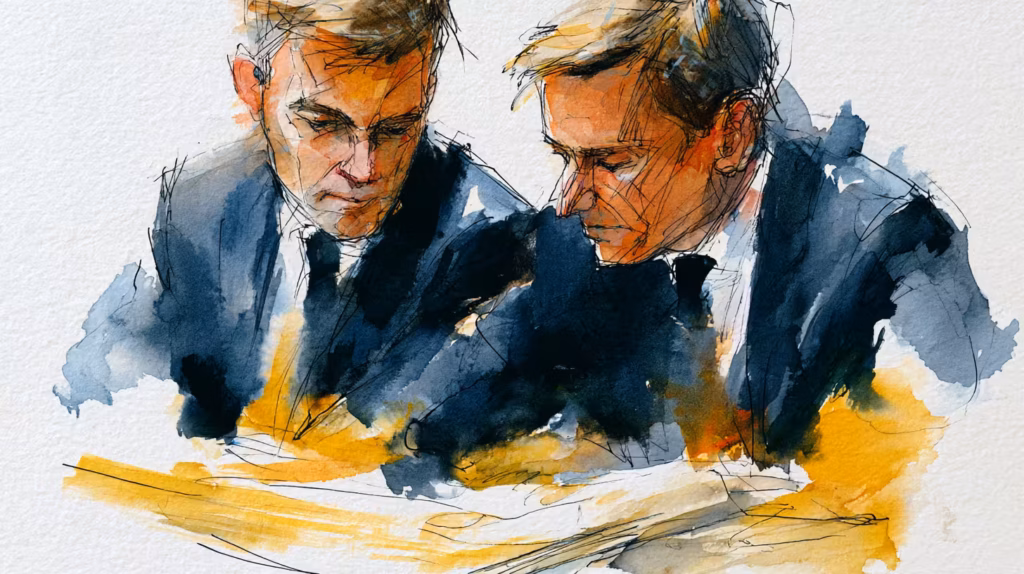 two pensive suited men in warm watercolor office lighting mood
