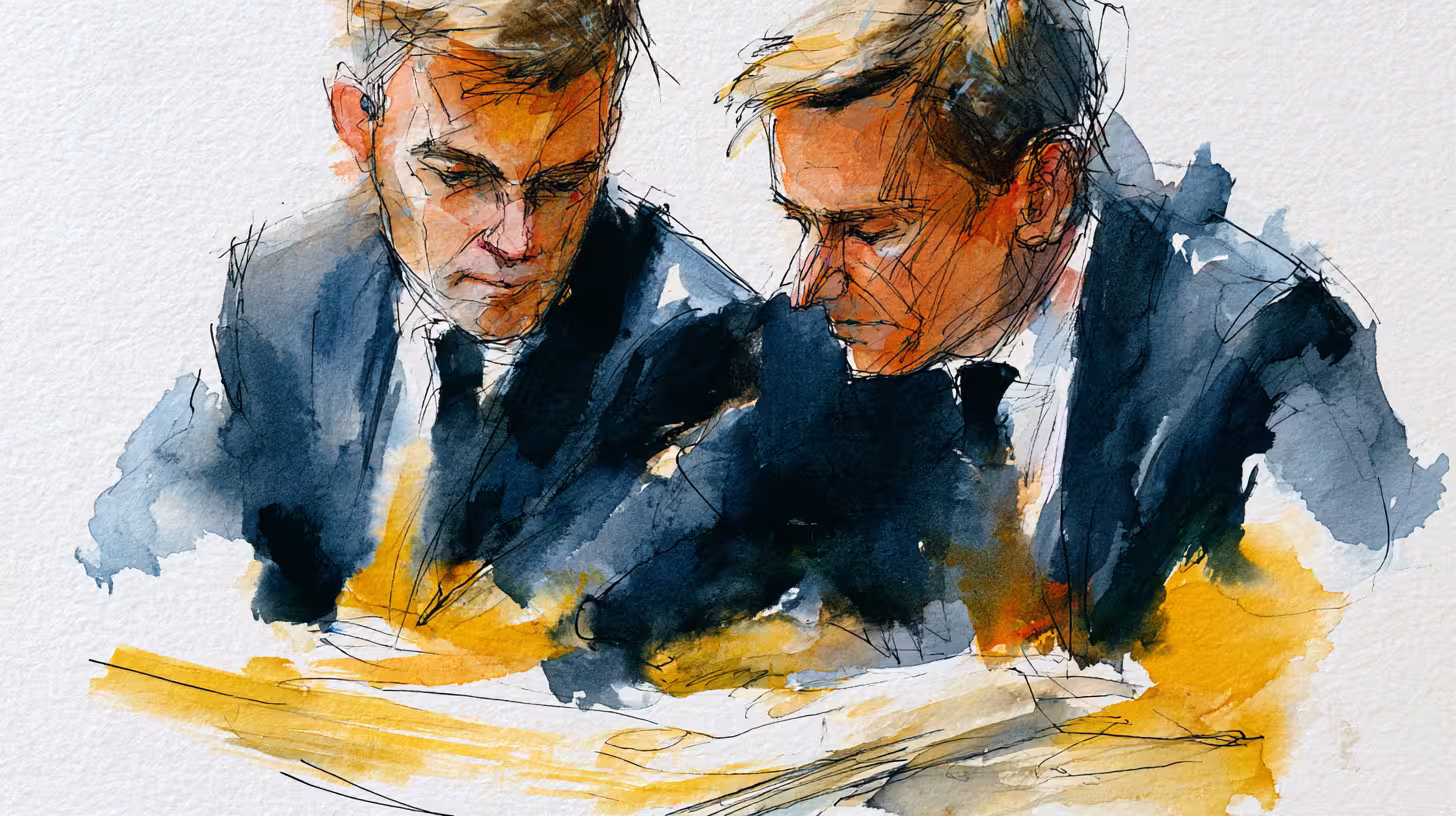 two pensive suited men in warm watercolor office lighting mood