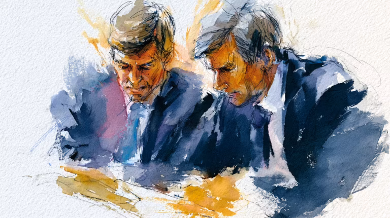 two serious businessmen in watercolor office scene soft light mood