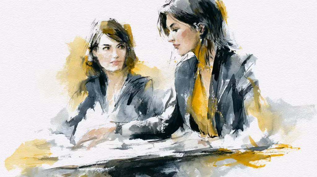 two women talking in soft watercolor studio lighting calm mood
