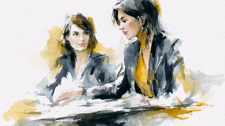 two women talking in soft watercolor studio lighting calm mood