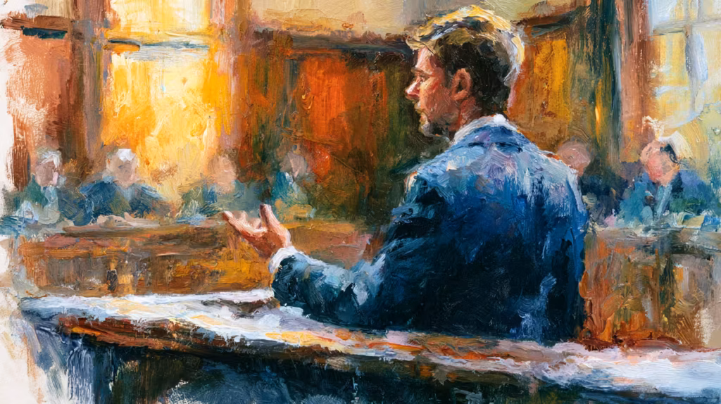 warm lit courtroom lawyer addressing judge and jury oil painting
