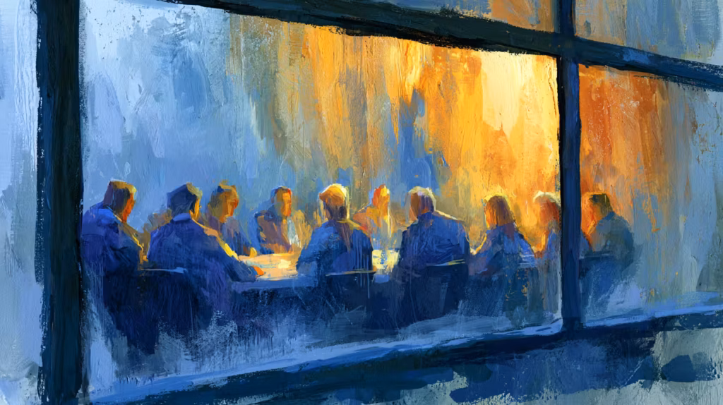 warm lit meeting seen through rainy window moody evening painting