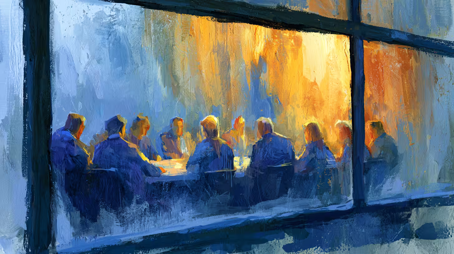 warm lit meeting seen through rainy window moody evening painting