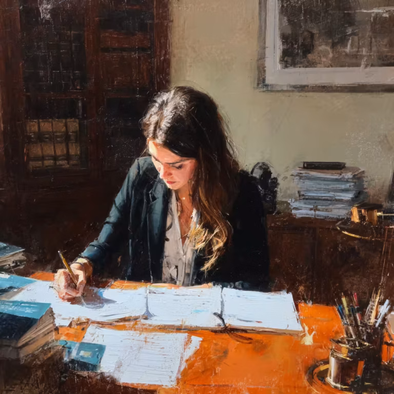 warm sunlit woman writing at desk in quiet office