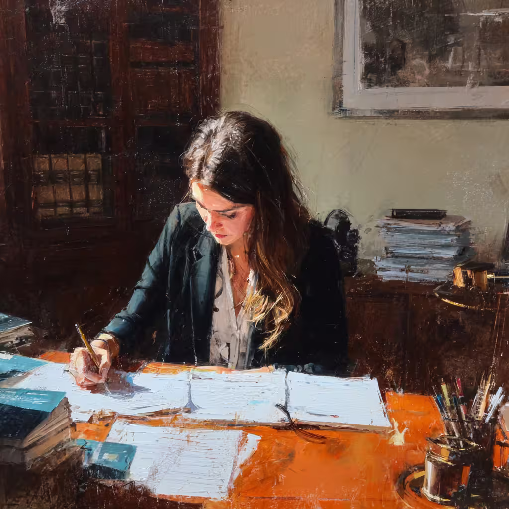 warm sunlit woman writing at desk in quiet office