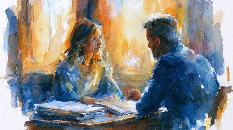 warm watercolor couple talking at table in golden windowlight intimacy