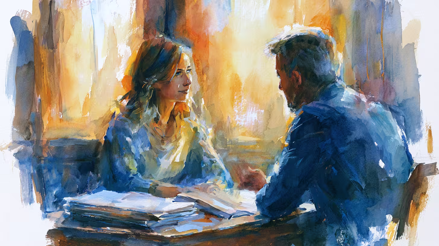 warm watercolor couple talking at table in golden windowlight intimacy
