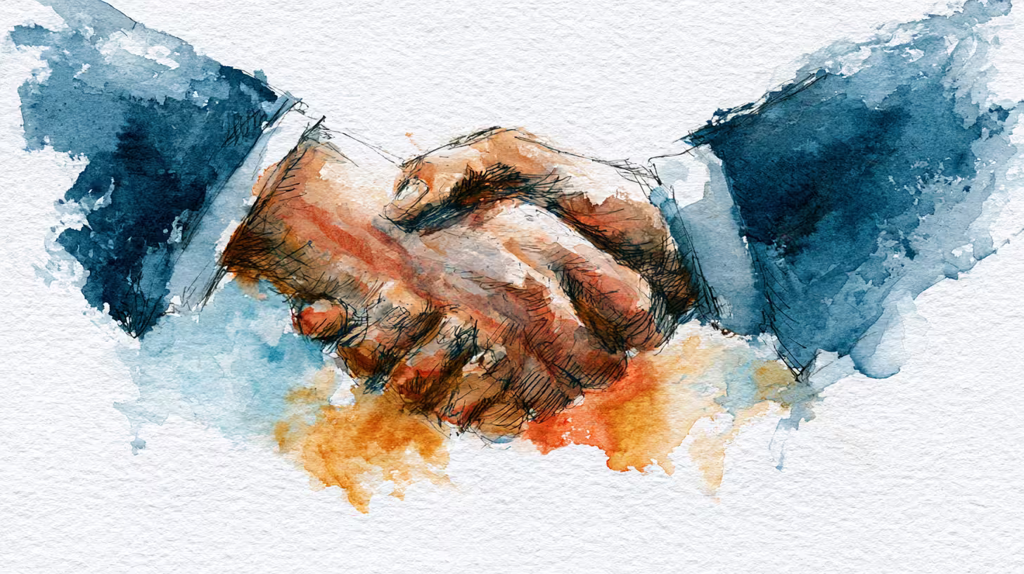 watercolor business handshake closeup soft light professional agreement mood