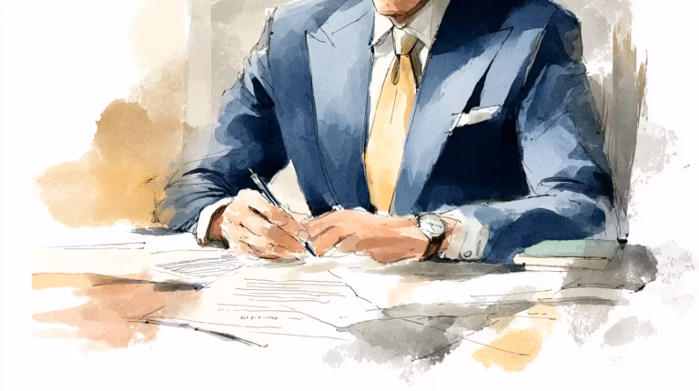 watercolor businessman signing documents in soft warm office light