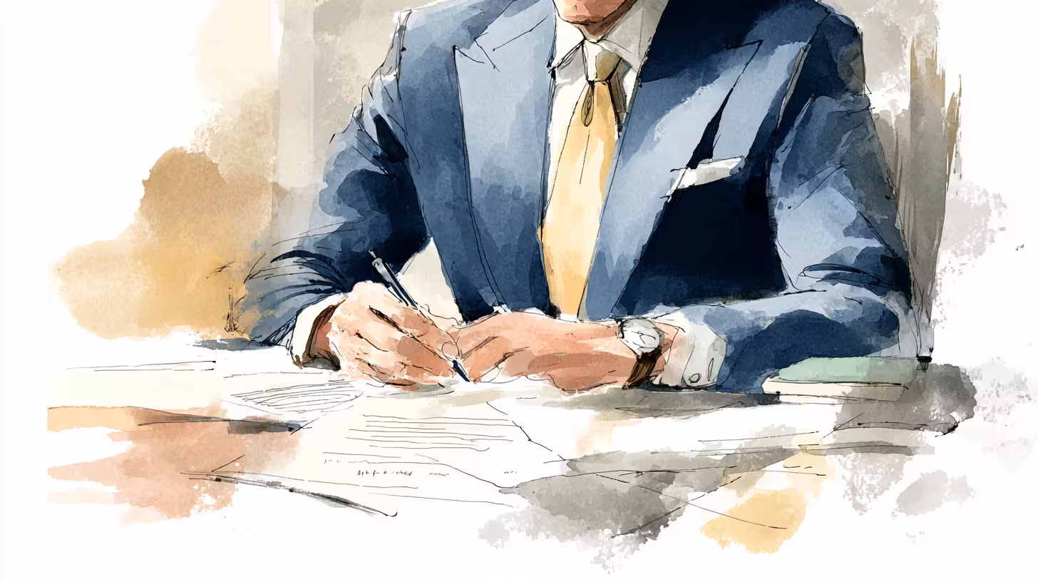 watercolor businessman signing documents in soft warm office light
